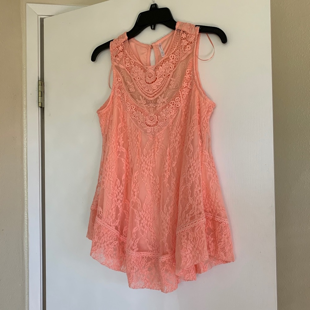 Coral Lace Sleeves Shirt